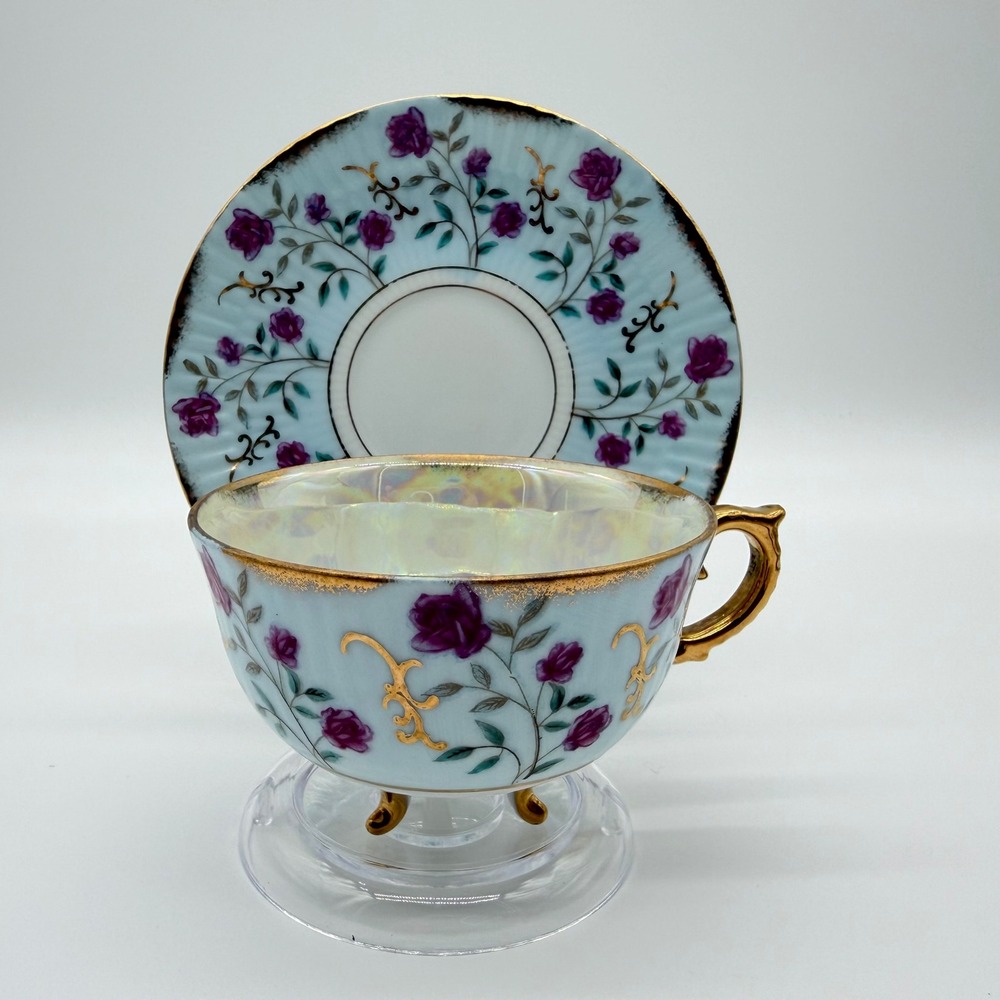 Vintage Japan Lusterware Tea Cup Saucer Set Purple Rose Gold Gilt Footed Blue